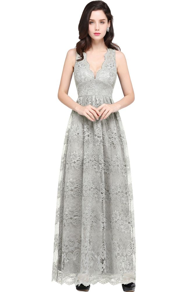 Sheath V-neck Floor-length Lace Navy Blue Prom Dress