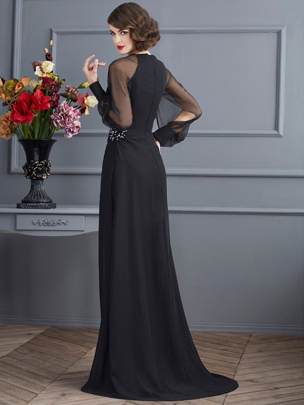 Sheath/Column Scoop Long Sleeves Beading Long Chiffon Prom Dresses