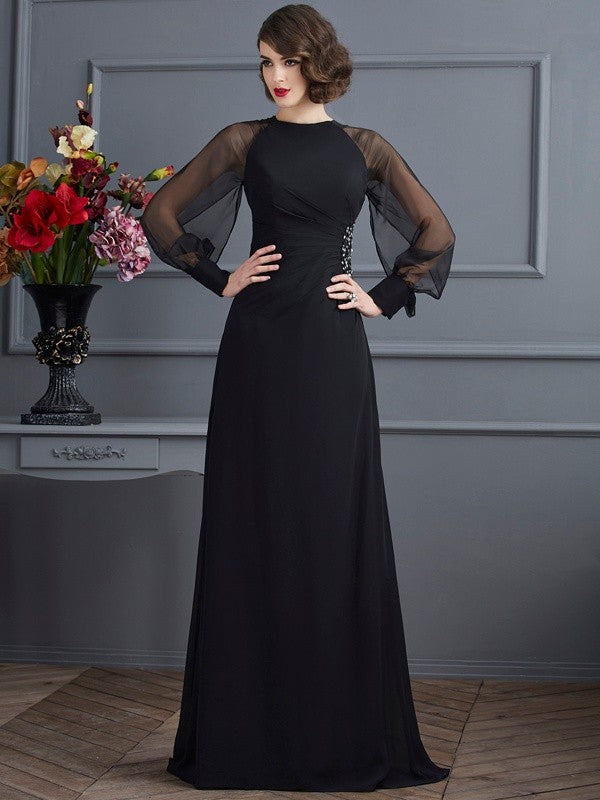 Sheath/Column Scoop Long Sleeves Beading Long Chiffon Prom Dresses