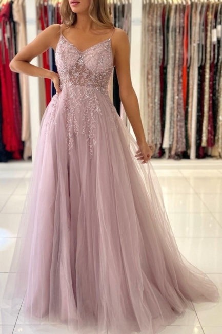 Vestido de fiesta de tul con escote en V, sin mangas, hasta el suelo, con tirantes finos y apliques de cuentas en color rosa brillante.