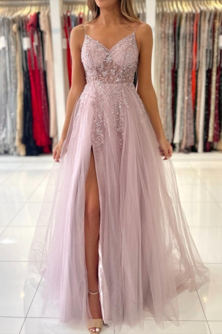Vestido de fiesta de tul con escote en V, sin mangas, hasta el suelo, con tirantes finos y apliques de cuentas en color rosa brillante.