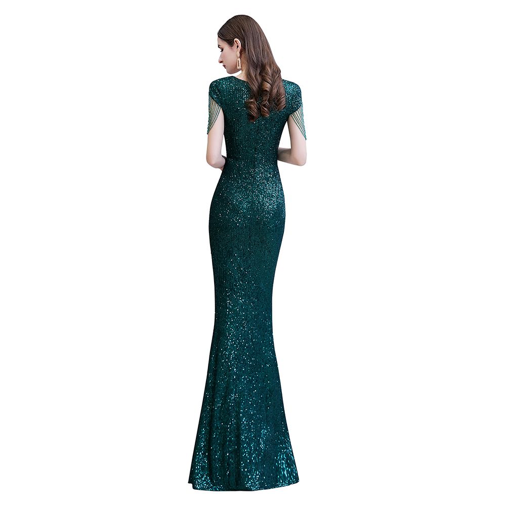 Shining Sequins Emerald Green Mermaid Evening Party Gown with Tassels Sleeves