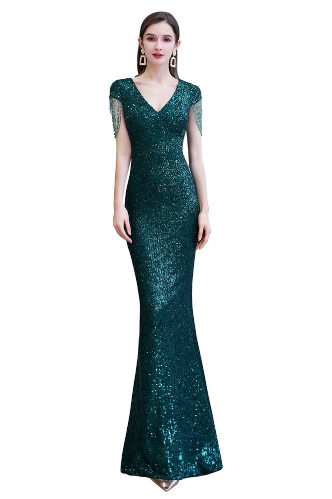 Shining Sequins Emerald Green Mermaid Evening Party Gown with Tassels Sleeves