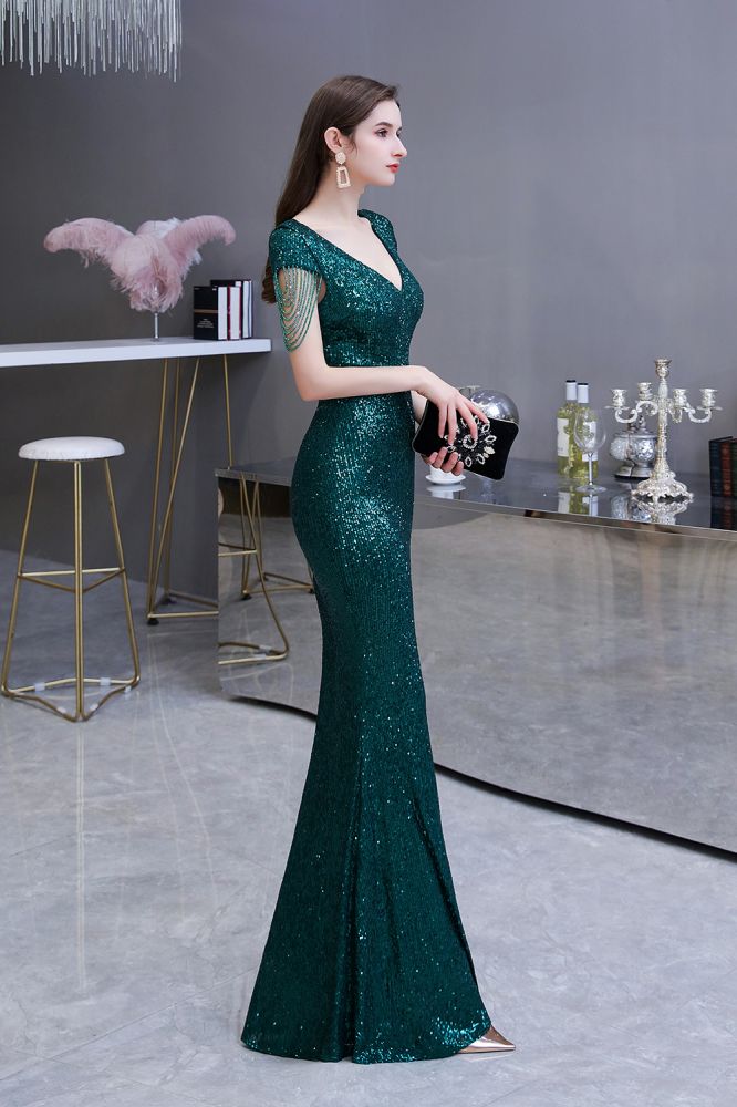 Shining Sequins Emerald Green Mermaid Evening Party Gown with Tassels Sleeves