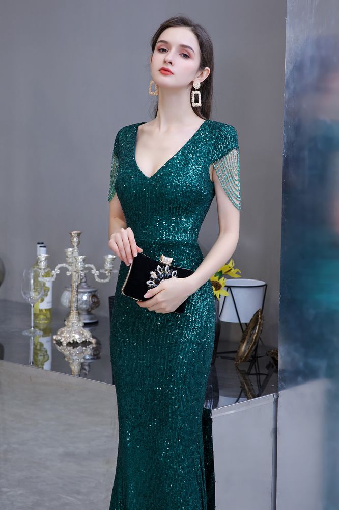 Shining Sequins Emerald Green Mermaid Evening Party Gown with Tassels Sleeves
