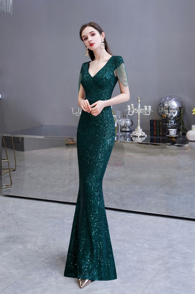 Shining Sequins Emerald Green Mermaid Evening Party Gown with Tassels Sleeves