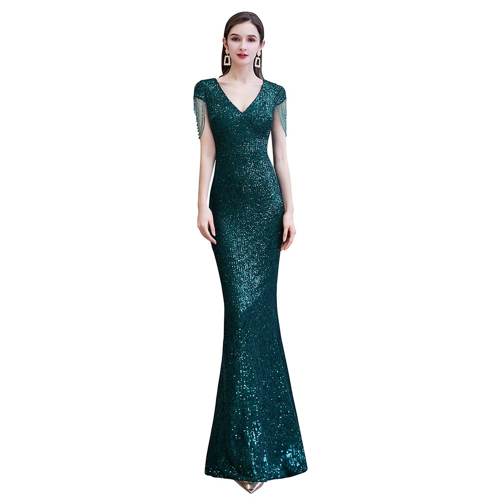Shining Sequins Emerald Green Mermaid Evening Party Gown with Tassels Sleeves