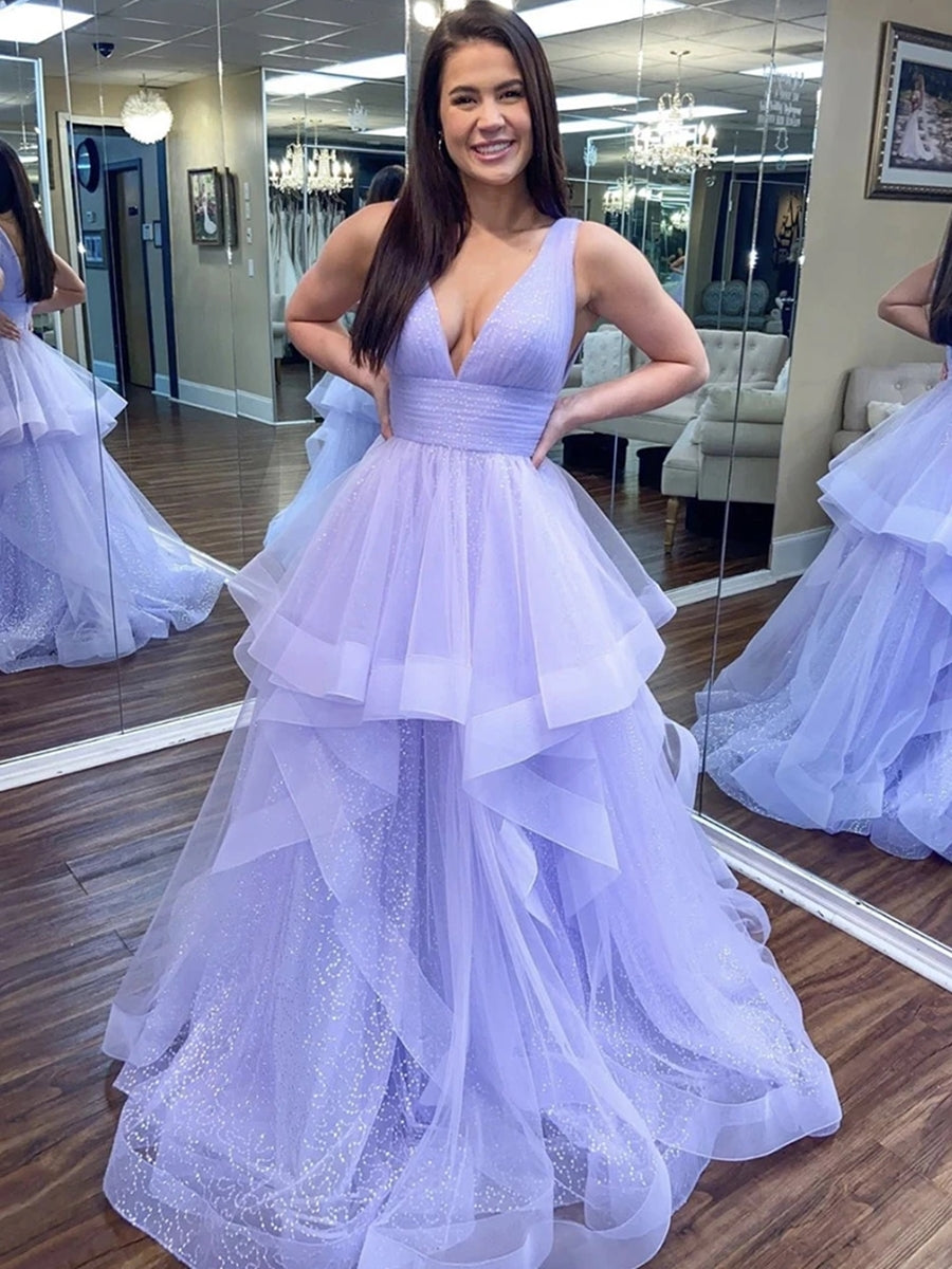 Glänzendes A-Linien-Abendkleid mit V-Ausschnitt und flauschigem Tüll, lang