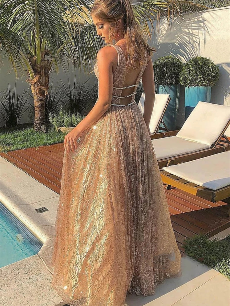 Glänzendes A-Linien-Abendkleid mit V-Ausschnitt und funkelndem, rückenfreiem, langem Abschlussballkleid