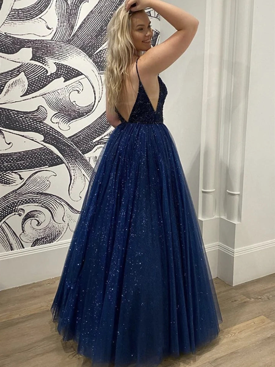 Glänzendes, dunkles Marineblau, langes A-Linien-Abendkleid mit Herzausschnitt und offenem Rücken