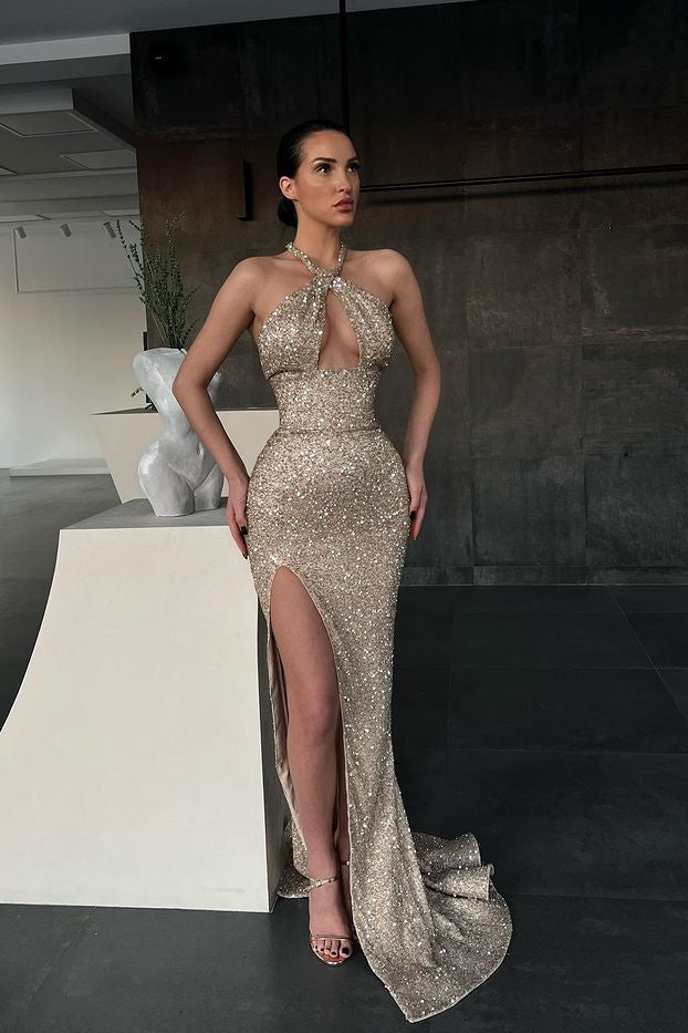 Shiny Halter Slim Prom Dress with Side Split & Sweep Train