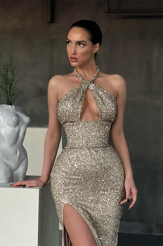 Shiny Halter Slim Prom Dress with Side Split & Sweep Train
