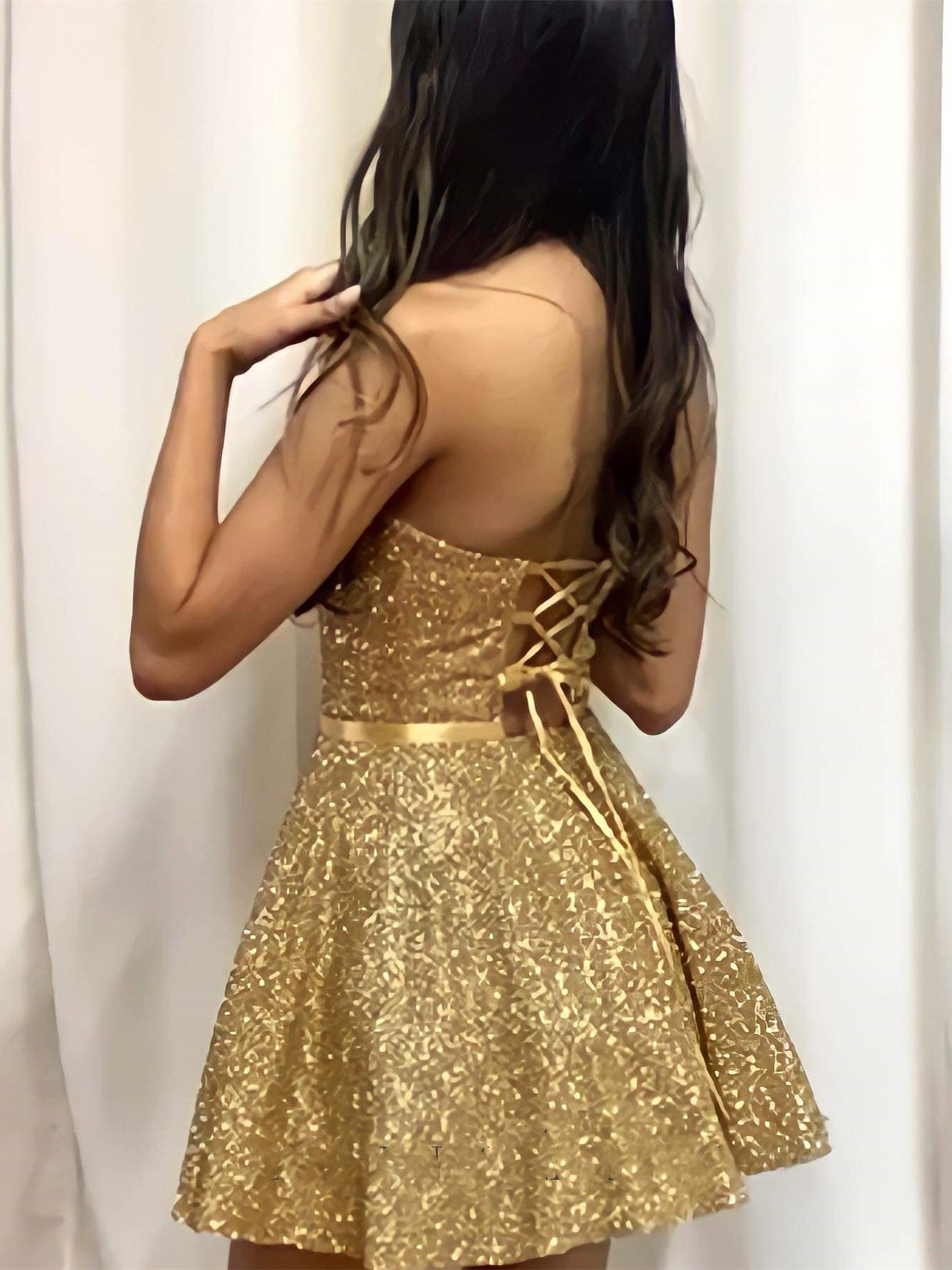 Shiny Short A-line Strapless Sequined Prom Homecoming Dresses
