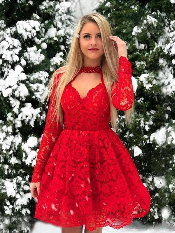 Kurzes A-Linien-Spitzen-Ballkleid in Rot mit langen Ärmeln
