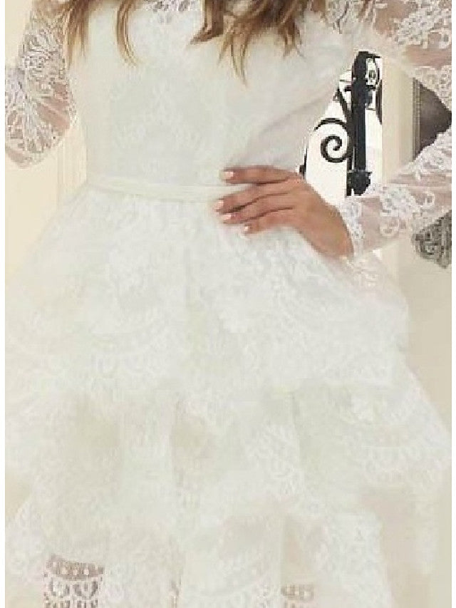 Kurzes A-Linien-Brautkleid aus Spitze und Tüll mit Rundhalsausschnitt und Ärmeln