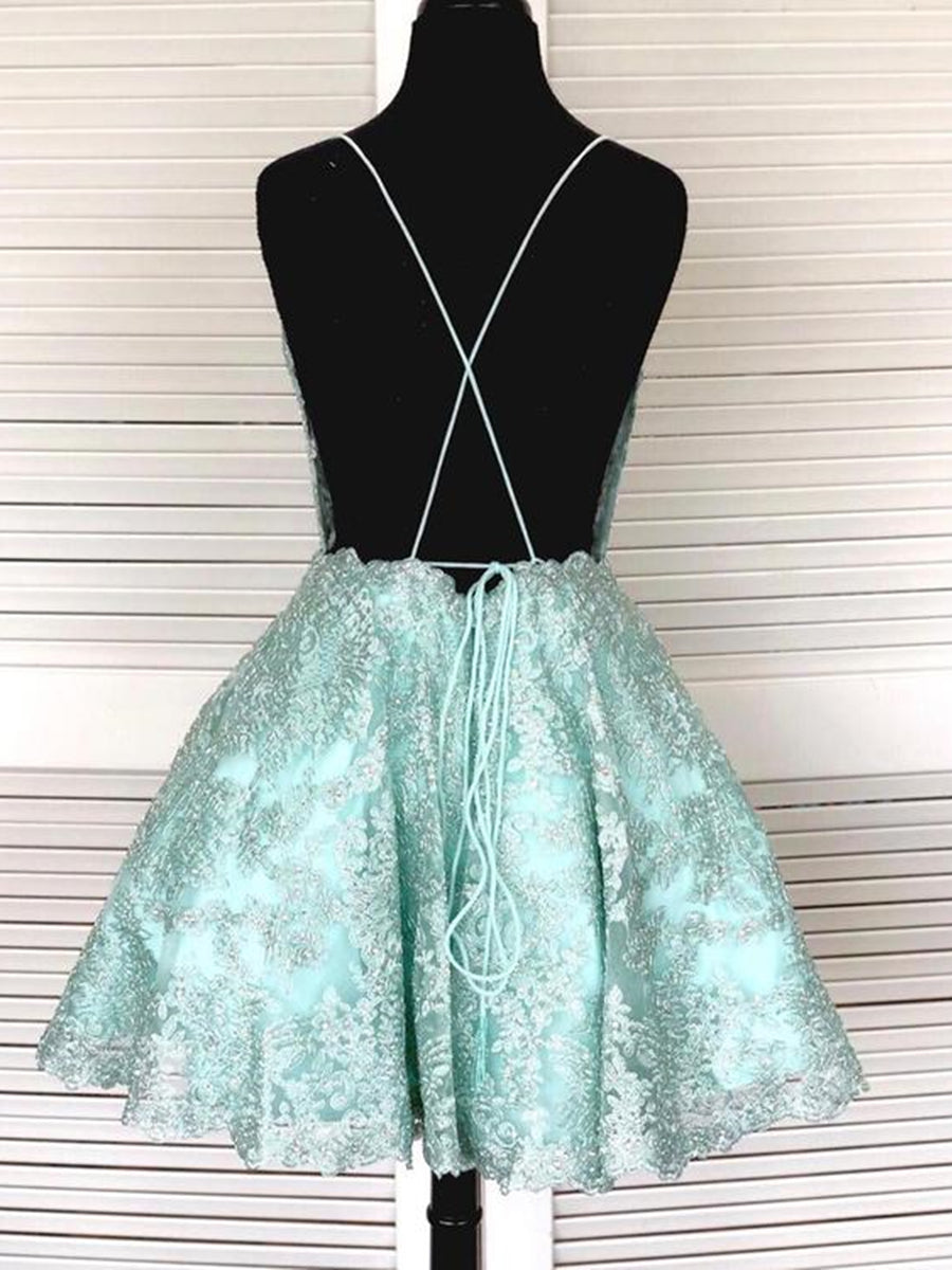 Kurzes A-Linien-Kleid mit ärmelloser Spitze und offenem Rücken für formelle Abschlussfeiern und Heimkehr