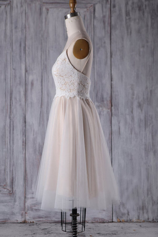 Kurzes A-Linien-Brautkleid mit Spaghettiträgern und Spitze und Tüll