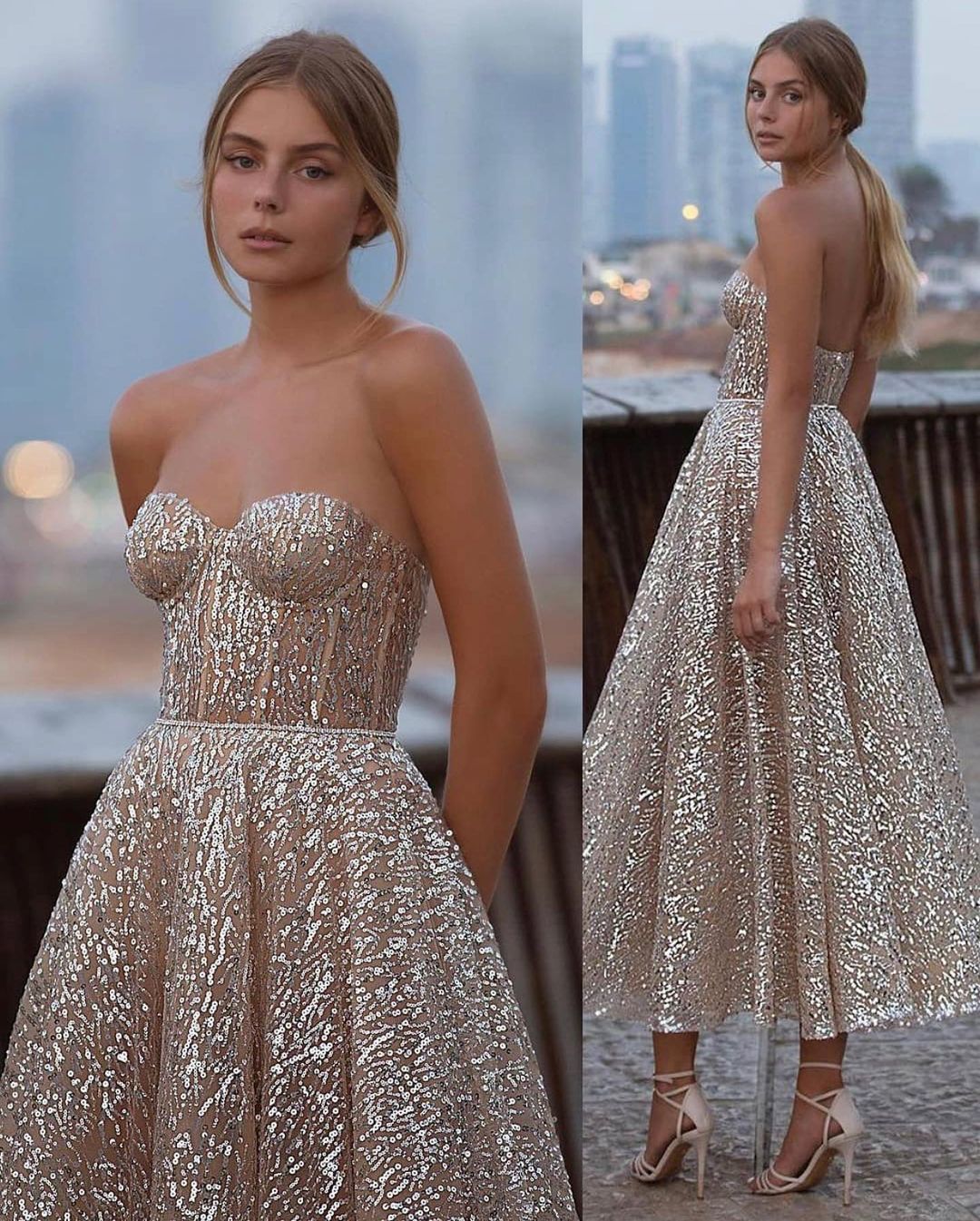 Kurzes, rückenfreies Ballkleid in A-Linie mit Herzausschnitt und Pailletten