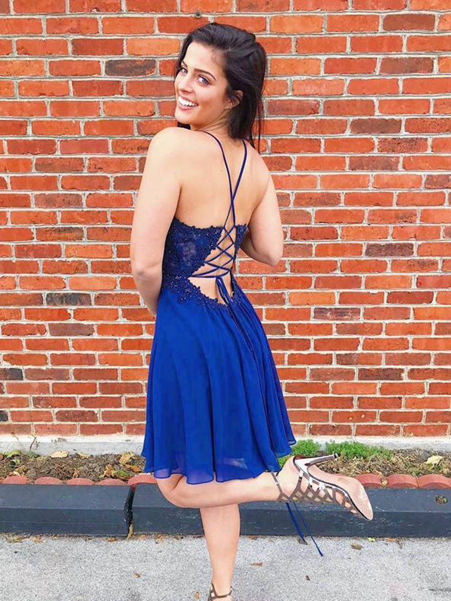 Kurzes A-Linien-Abendkleid mit V-Ausschnitt, Chiffon, Spitze, rückenfrei, Perlenbesetzt