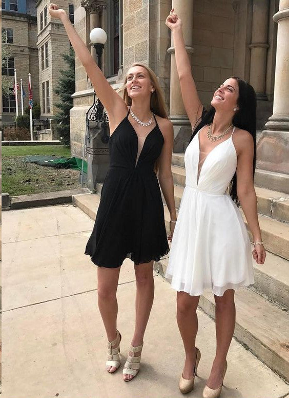 Kurzes, rückenfreies A-Linien-Heimkehrkleid aus Chiffon mit V-Ausschnitt und Schnürung