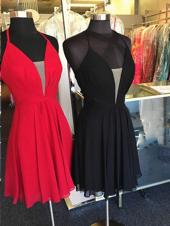 Kurzes, rückenfreies A-Linien-Heimkehrkleid aus Chiffon mit V-Ausschnitt und Schnürung