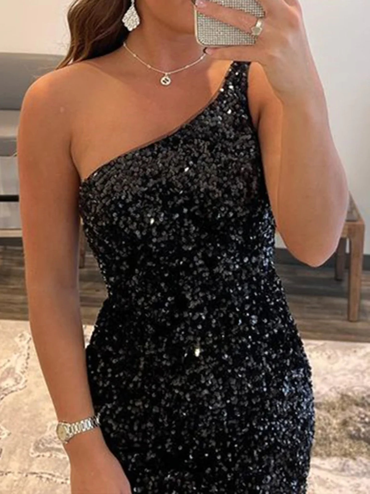 Kurze Meerjungfrau One-Shoulder Pailletten Rückenfreies Ballkleid Schwarze Homecoming Kleider
