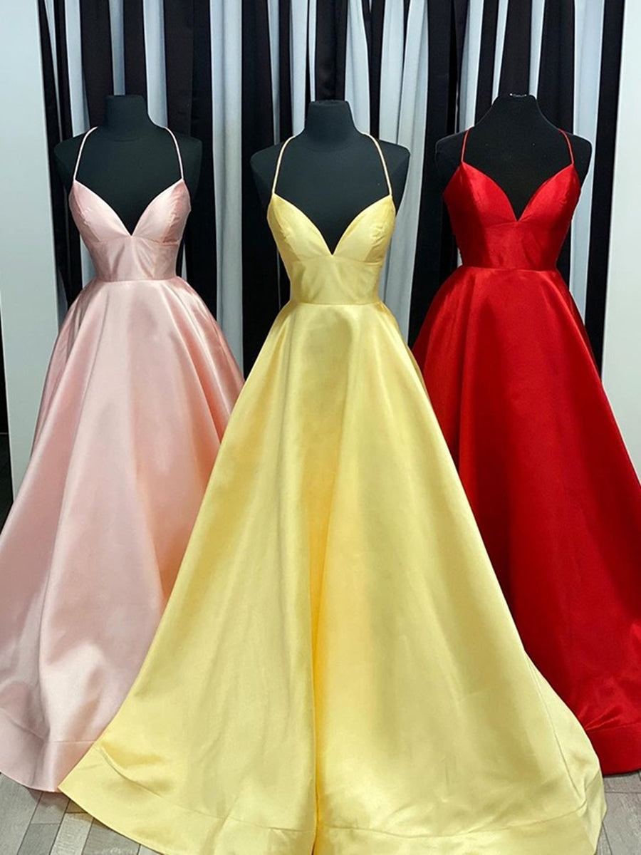 Einfaches A-Linie V-Ausschnitt Rückenfreies Satin Langes Ballkleid