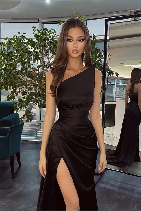 Simple Black Long One Shoulder Slit Mermaid Prom Dresses