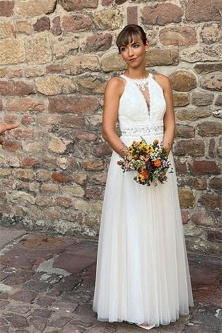 Schlichtes Neckholder-Brautkleid in Weiß mit ärmellosem A-Linien-Ausschnitt aus Tüll
