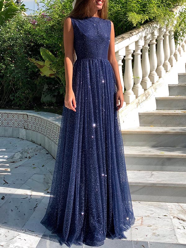 Schlichtes langes A-Linien-Bateau-Ballkleid mit Pailletten