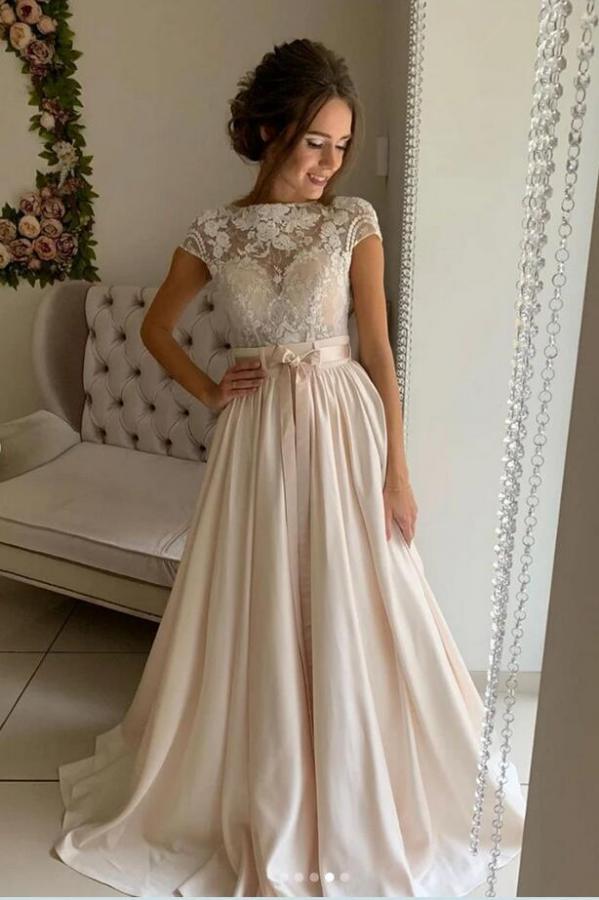 Schlichte lange A-Linie Juwel Stretch Satin Spitze Brautkleider