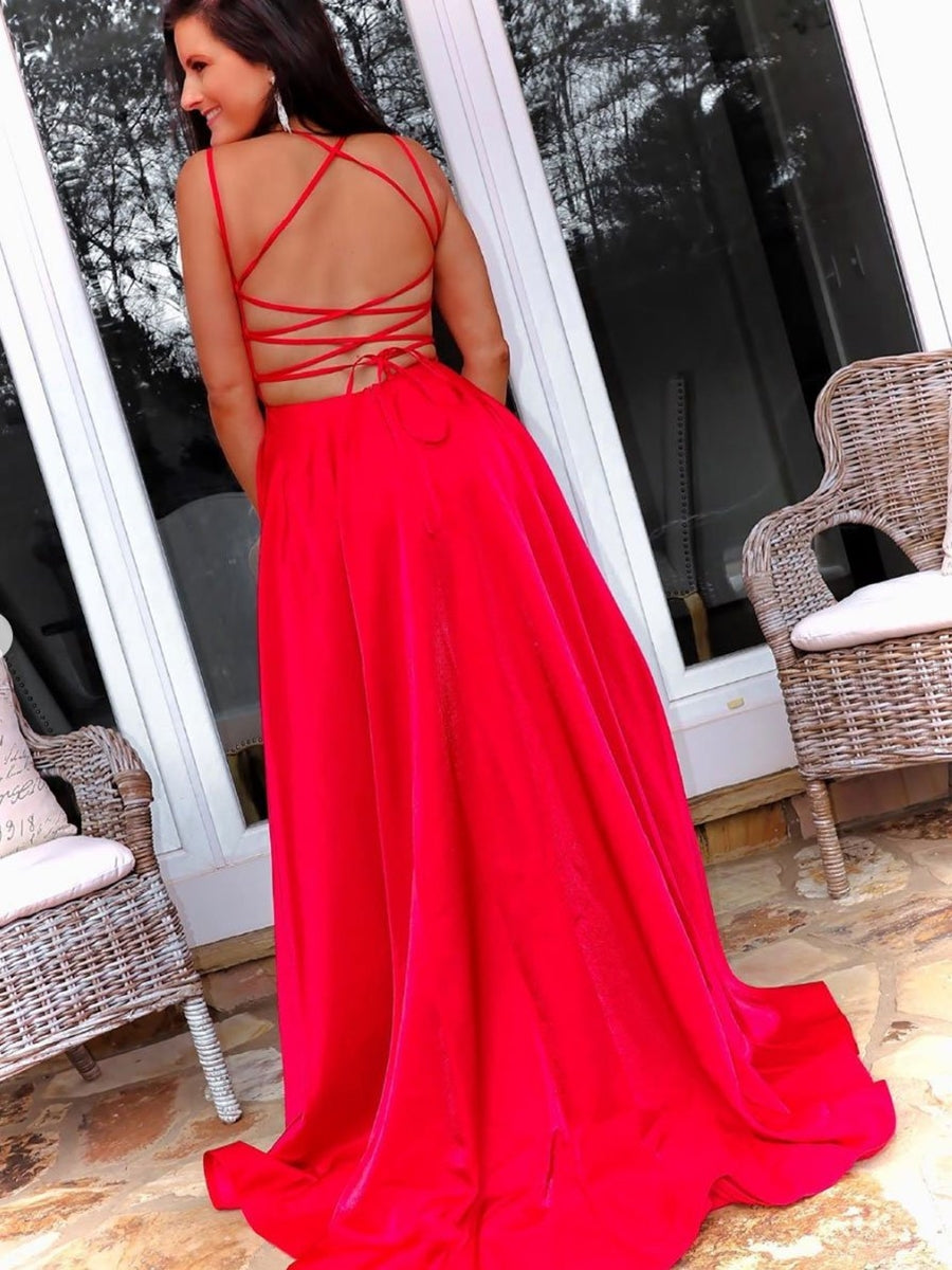 Schlichtes langes A-Linien-Ballkleid mit offenem Rücken, Schlitz vorne aus Satin und überkreuztem Rücken