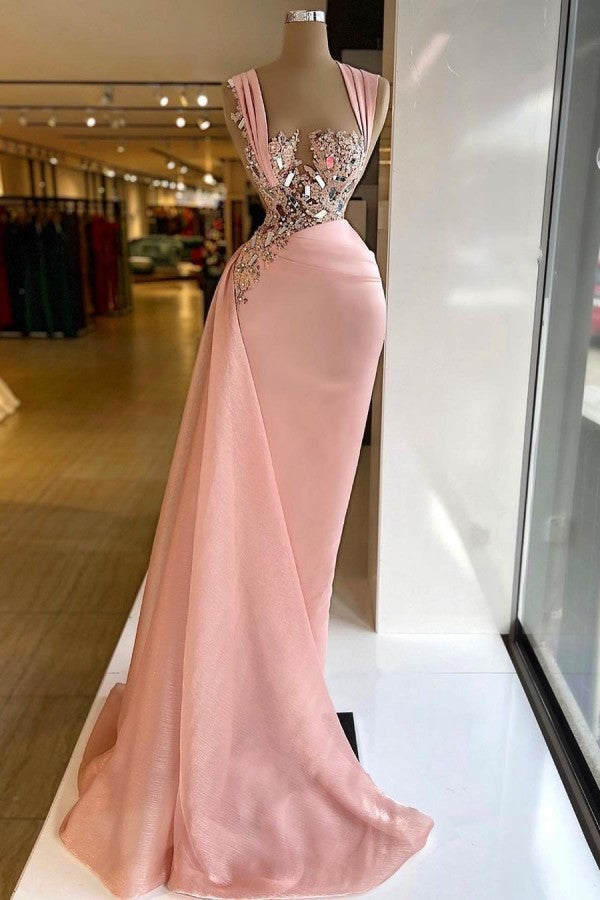 Einfaches langes Meerjungfrau-Abschlussballkleid aus Chiffon mit breiten Trägern und Kristallrüschen