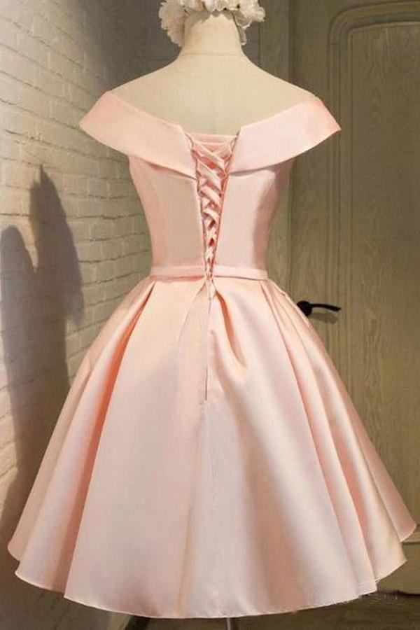 Einfaches schulterfreies Homecoming-Kleid in Blush aus Satin, Abschlusskleid PD288
