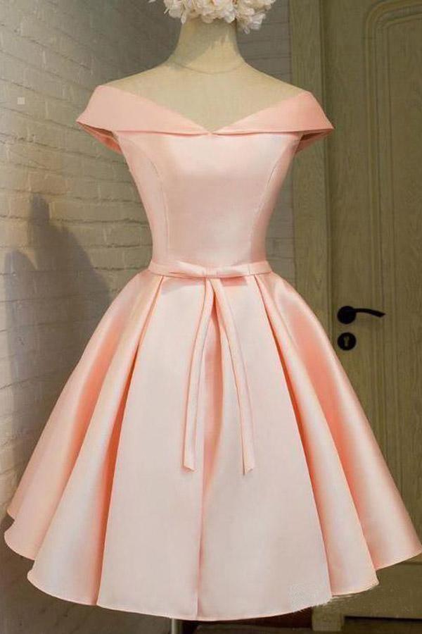 Einfaches schulterfreies Homecoming-Kleid in Blush aus Satin, Abschlusskleid PD288