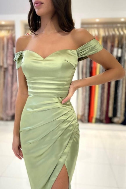 Simple Off-the-shoulder Evening Dresses Short Sage Prom Dresses With Slit