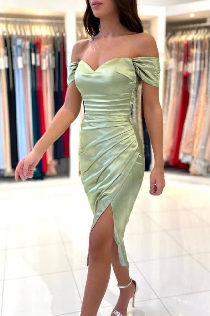 Simple Off-the-shoulder Evening Dresses Short Sage Prom Dresses With Slit