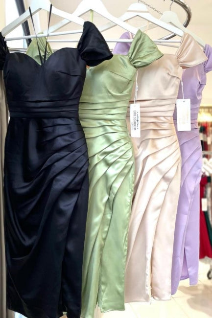 Vestidos de noche sencillos con hombros descubiertos, vestidos de fiesta cortos color salvia con abertura
