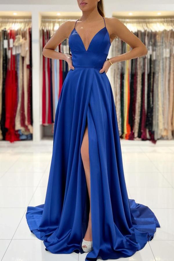 Simple Royal Blue A-line V-neck Backless Long Prom Dress with Slit