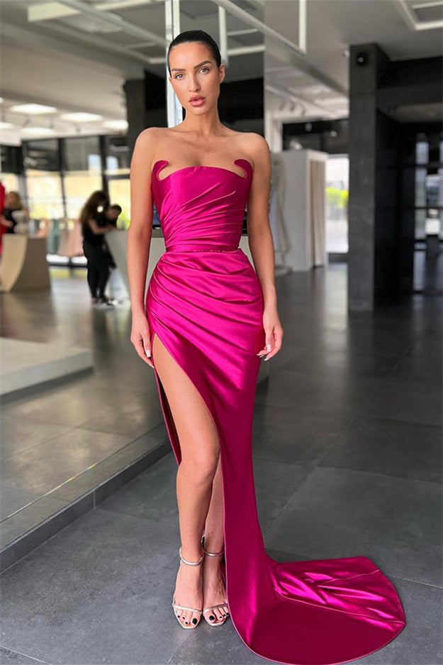 Schlichtes, ärmelloses, sexy Meerjungfrau-Ballkleid aus Satin mit Schlitz vorne