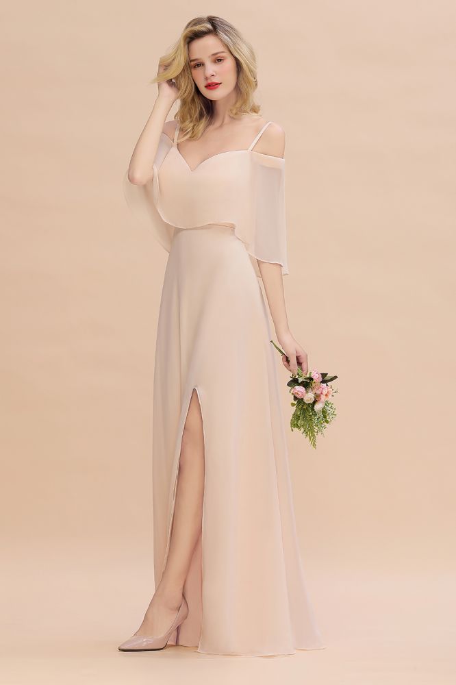 Simple Spaghetti Straps Tiered Prom Dresses | Side Slit A-Line Sleeveless Evening Dresses