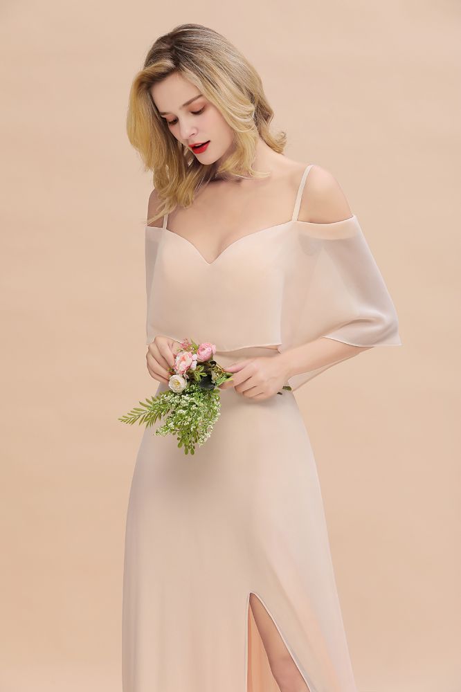 Simple Spaghetti Straps Tiered Prom Dresses | Side Slit A-Line Sleeveless Evening Dresses