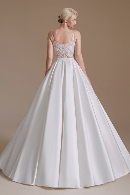 Vestidos de novia de satén con tirantes sencillos, sin mangas, corte A, largo hasta el suelo y volantes