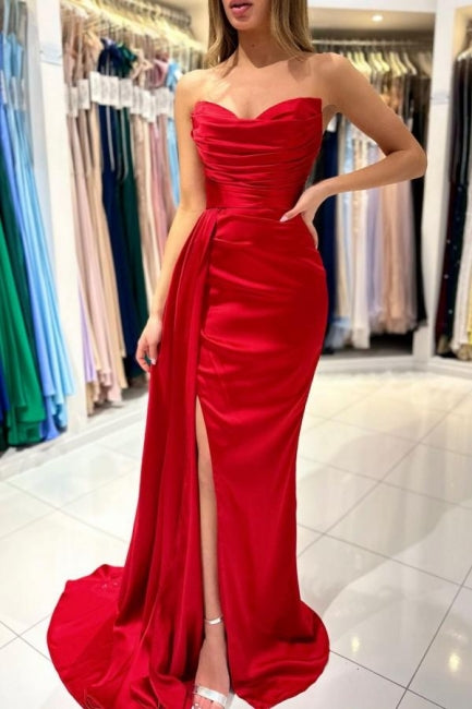 Simple sweetheart sleeveless mermaid satin prom dresses splitfront
