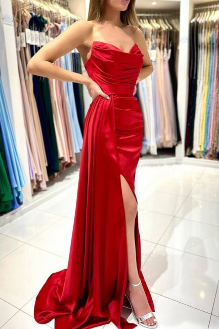 Simple sweetheart sleeveless mermaid satin prom dresses splitfront