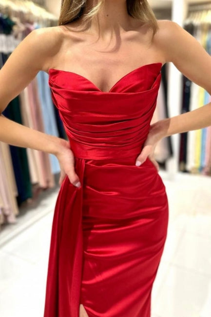 Simple sweetheart sleeveless mermaid satin prom dresses splitfront