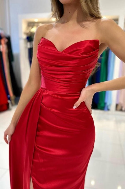 Simple sweetheart sleeveless mermaid satin prom dresses splitfront