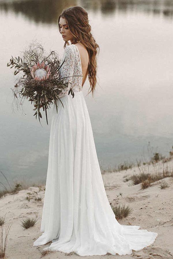 Vestido de novia de playa sencillo con escote en V, espalda abierta, mangas largas y encaje WD474