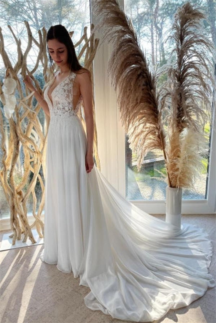 Einfaches weißes rückenfreies A-Linien-Brautkleid aus Chiffon mit Spitze