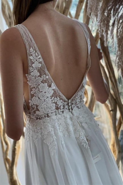 Einfaches weißes rückenfreies A-Linien-Brautkleid aus Chiffon mit Spitze